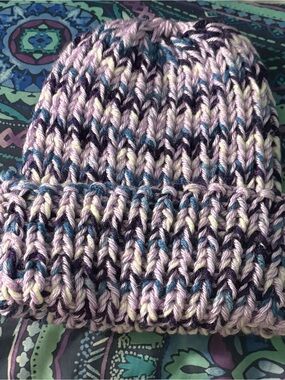 Hand-Knit Beanie Hat in Purple & blue